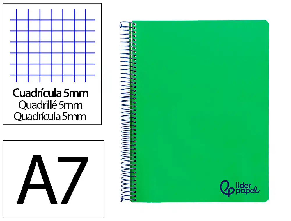 [172840] Cuaderno espiral liderpapel a7 micro wonder tapa plastico 100h 90gr cuadro 5mm 4 bandas color verde oscuro