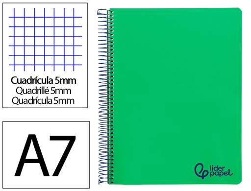 [172840] Cuaderno espiral liderpapel a7 micro wonder tapa plastico 100h 90gr cuadro 5mm 4 bandas color verde oscuro