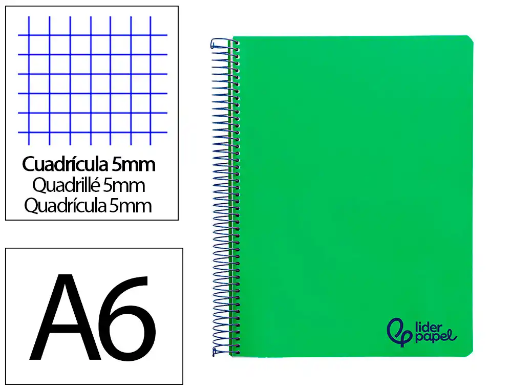 [172839] Cuaderno espiral liderpapel a6 micro wonder tapa plastico 120h 90gr cuadro 5mm 4 bandas color verde oscuro