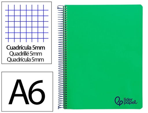 [172839] Cuaderno espiral liderpapel a6 micro wonder tapa plastico 120h 90gr cuadro 5mm 4 bandas color verde oscuro