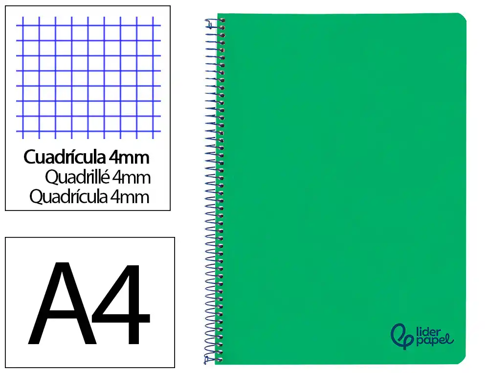 [172837] Cuaderno espiral liderpapel a4 wonder tapa plastico 80h 90gr cuadro 4mm con margen color verde oscuro