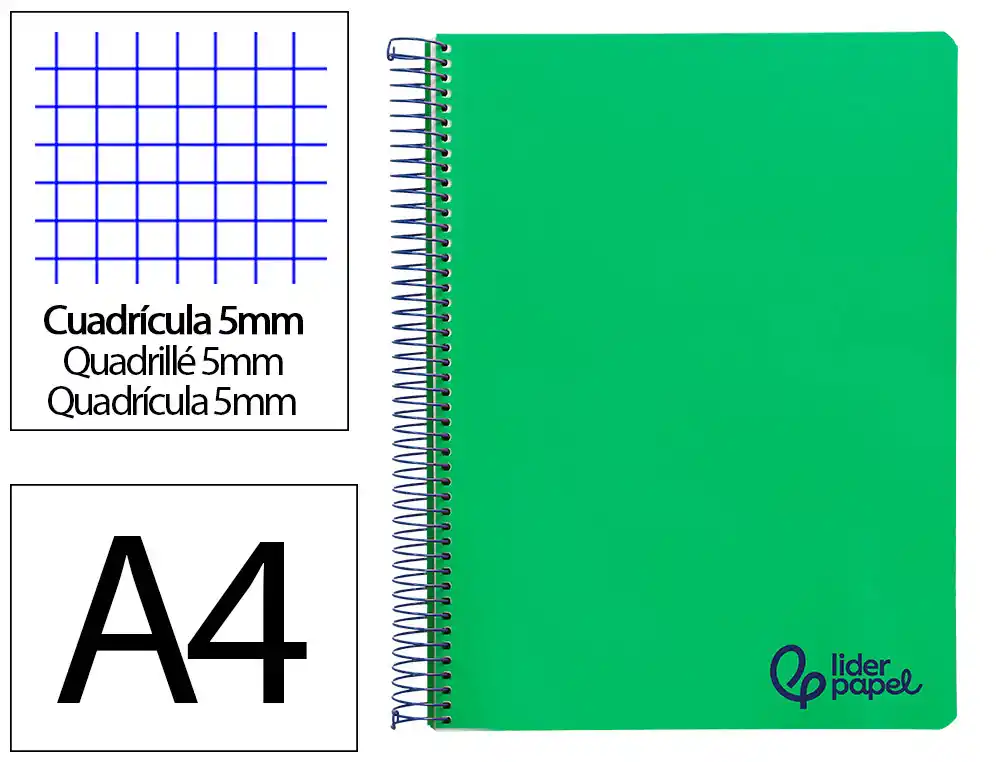 [172836] Cuaderno espiral liderpapel a4 micro wonder tapa plastico 120h 90gr cuadro 5mm 5 bandas 4 taladros color verde oscuro