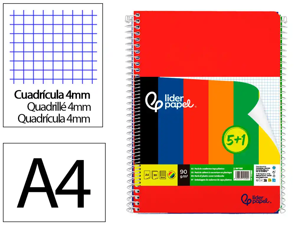 [172680] Cuaderno espiral liderpapel a4 wonder tapa plastica 80h 90gr cuadro 4mm con margen pack 5+1 colores surtidos