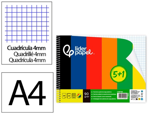 [172680] Cuaderno espiral liderpapel din a4 tapa polipropileno 80h 90gr cuadro 4mm con margen pack 5+1 colores surtidos