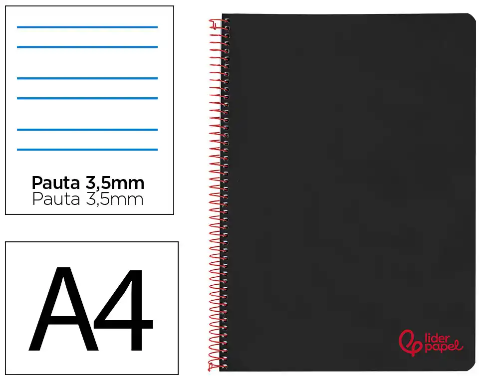 [172664] Cuaderno espiral liderpapel a4 wonder tapa plastico 80h 90gr pauta ancha 3,5mm con margen color negro