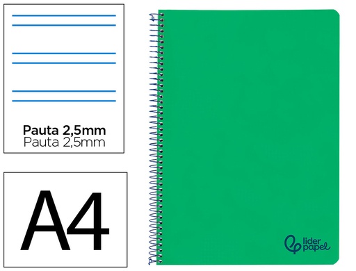 [172660] Cuaderno espiral liderpapel a4 wonder tapa plastico 80h 90gr pauta estrecha 2,5mm con margen color verde oscuro