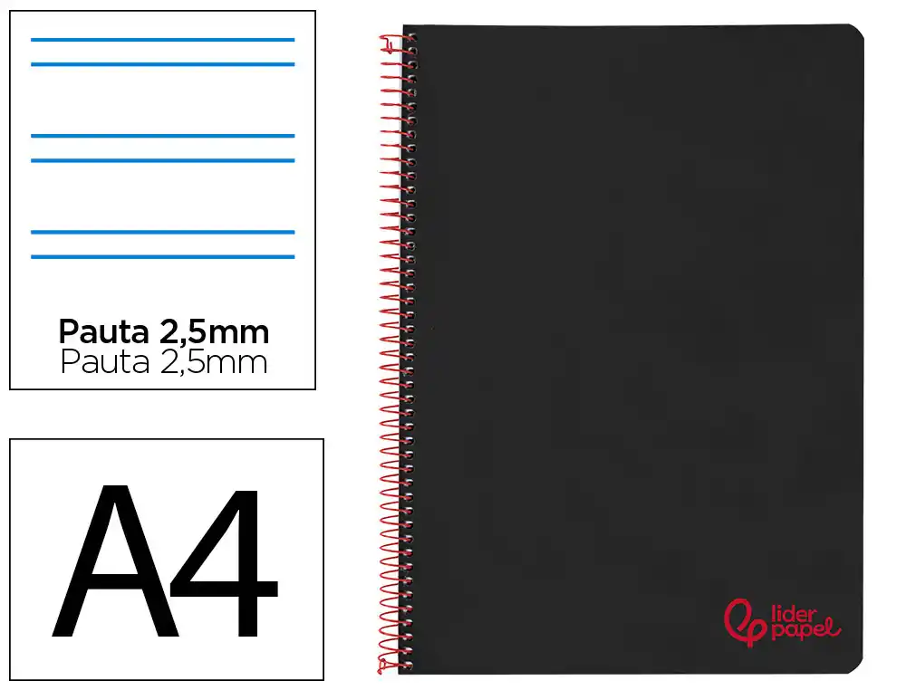 [172658] Cuaderno espiral liderpapel a4 wonder tapa plastico 80h 90gr pauta estrecha 2,5mm con margen color negro