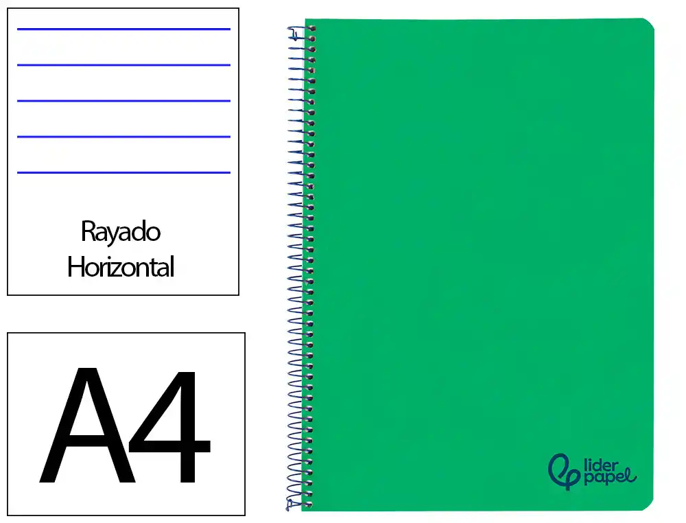[172654] Cuaderno espiral liderpapel a4 wonder tapa plastico 80h 90gr rayado horizontal con margen color verde oscuro