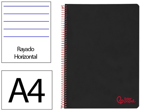 [172652] Cuaderno espiral liderpapel a4 wonder tapa plastico 80h 90gr rayado horizontal con margen color negro