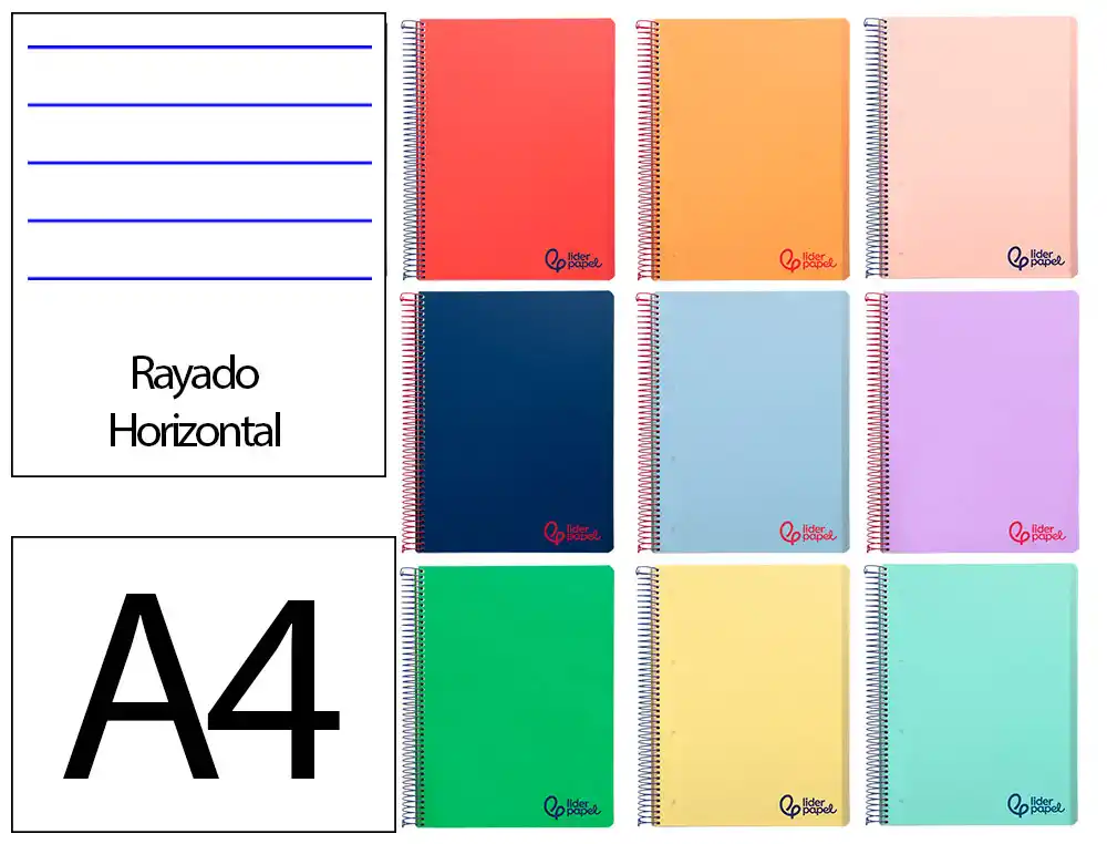 [172611] Cuaderno espiral liderpapel a4 micro wonder tapa plastico 120h 90gr horizontal 5 bandas 4 taladros colores