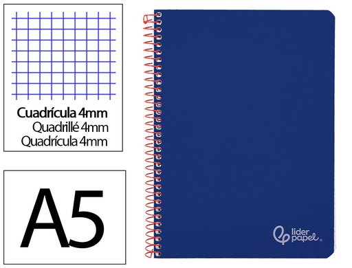 [172263] Cuaderno espiral liderpapel a5 witty tapa dura 80h 90gr cuadro 4mm con margen color azul marino