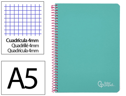 [172260] Cuaderno espiral liderpapel din a5 witty tapa dura 80h 90gr cuadro 4mm con margen color turquesa