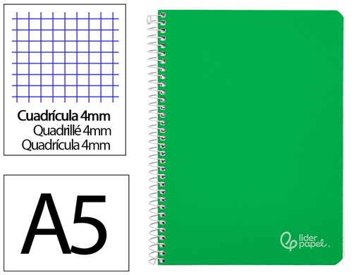 [172259] Cuaderno espiral liderpapel a5 witty tapa dura 80h 90gr cuadro 4mm con margen color verde