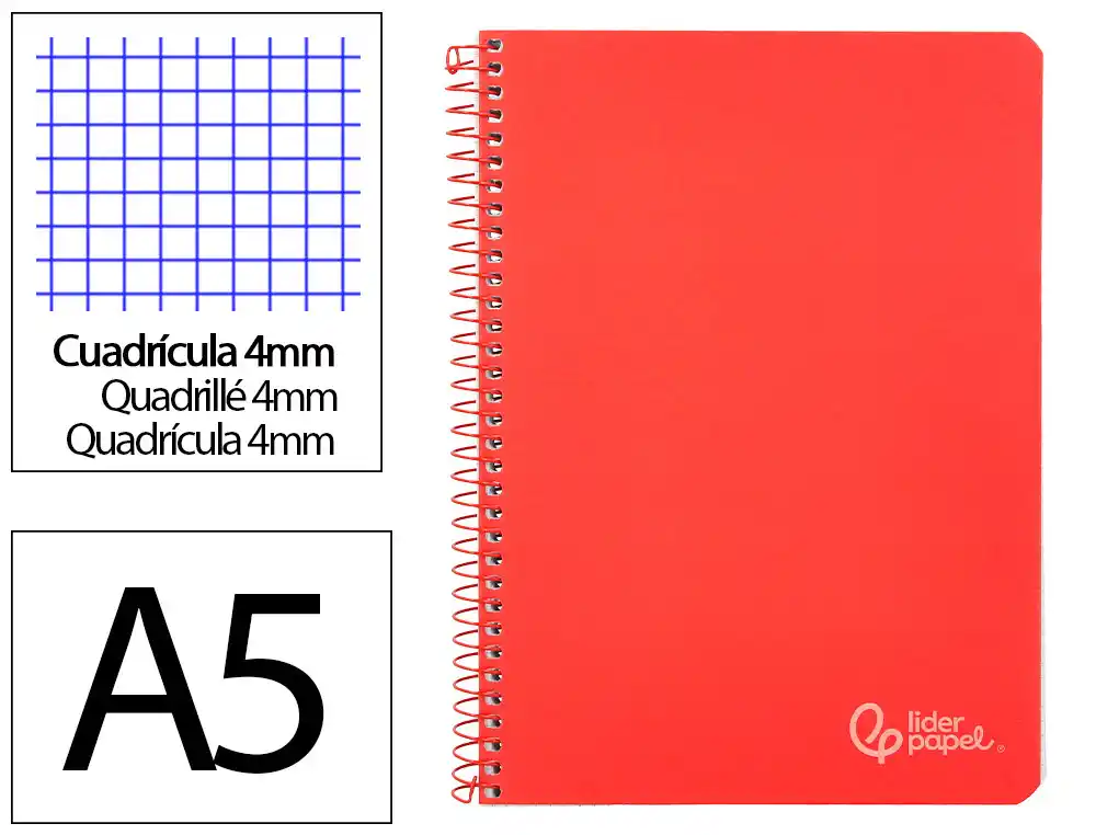 [172257] Cuaderno espiral liderpapel a5 witty tapa dura 80h 90gr cuadro 4mm con margen color rojo