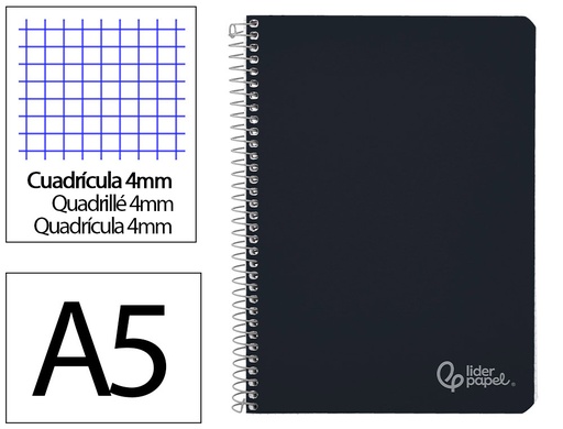 [172255] Cuaderno espiral liderpapel a5 witty tapa dura 80h 90gr cuadro 4mm con margen color negro