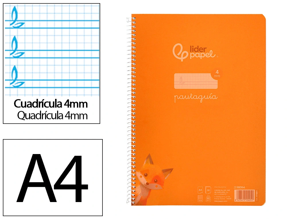 [171881] Cuaderno espiral liderpapel a4 pautaguia tapa plastico 80h 90gr cuadro pautado 4mm con margen color naranja