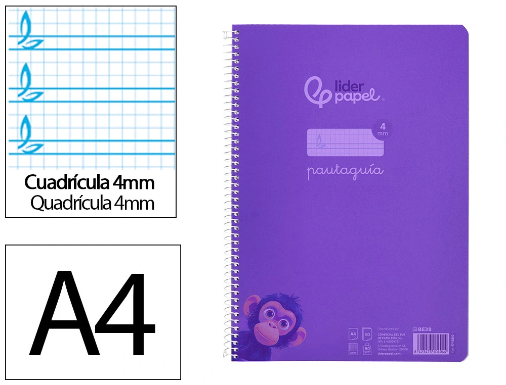 [171880] Cuaderno espiral liderpapel a4 pautaguia tapa plastico 80h 90gr cuadro pautado 4mm con margen color lila