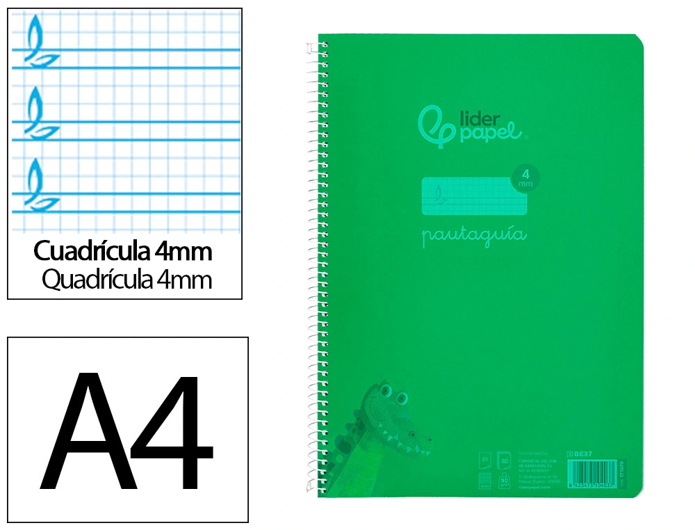 [171879] Cuaderno espiral liderpapel a4 pautaguia tapa plastico 80h 90gr cuadro pautado 4mm con margen color verde