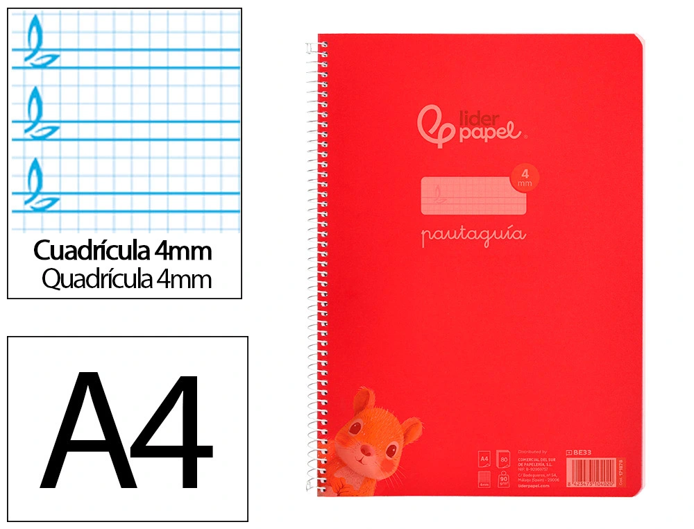 [171878] Cuaderno espiral liderpapel a4 pautaguia tapa plastico 80h 90gr cuadro pautado 4mm con margen color rojo