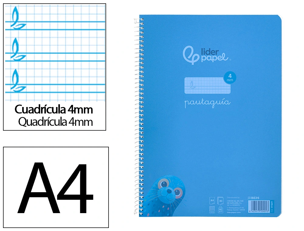 [171877] Cuaderno espiral liderpapel a4 pautaguia tapa plastico 80h 90gr cuadro pautado 4mm con margen color azul