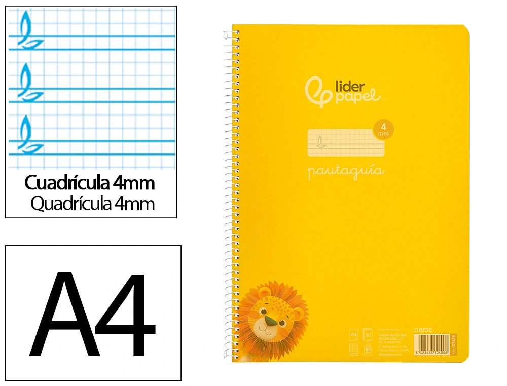 [171876] Cuaderno espiral liderpapel a4 pautaguia tapa plastico 80h 90gr cuadro pautado 4mm con margen color amarillo