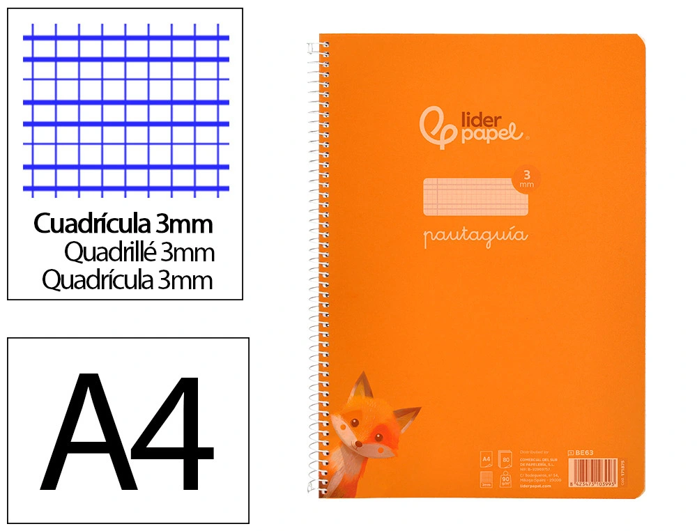 [171875] Cuaderno espiral liderpapel a4 pautaguia tapa plastico 80h 90gr cuadro pautado 3mm con margen color naranja