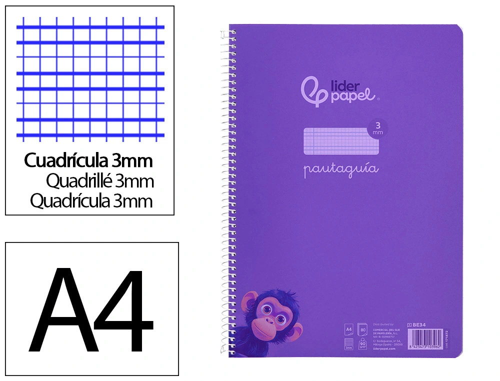 [171874] Cuaderno espiral liderpapel a4 pautaguia tapa plastico 80h 90gr cuadro pautado 3 mm con margen color lila