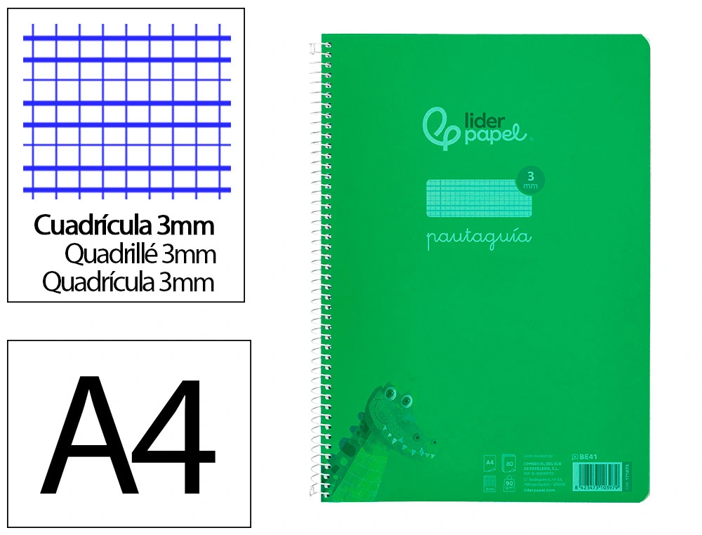 [171873] Cuaderno espiral liderpapel a4 pautaguia tapa plastico 80h 90gr cuadro pautado 3mm con margen color verde