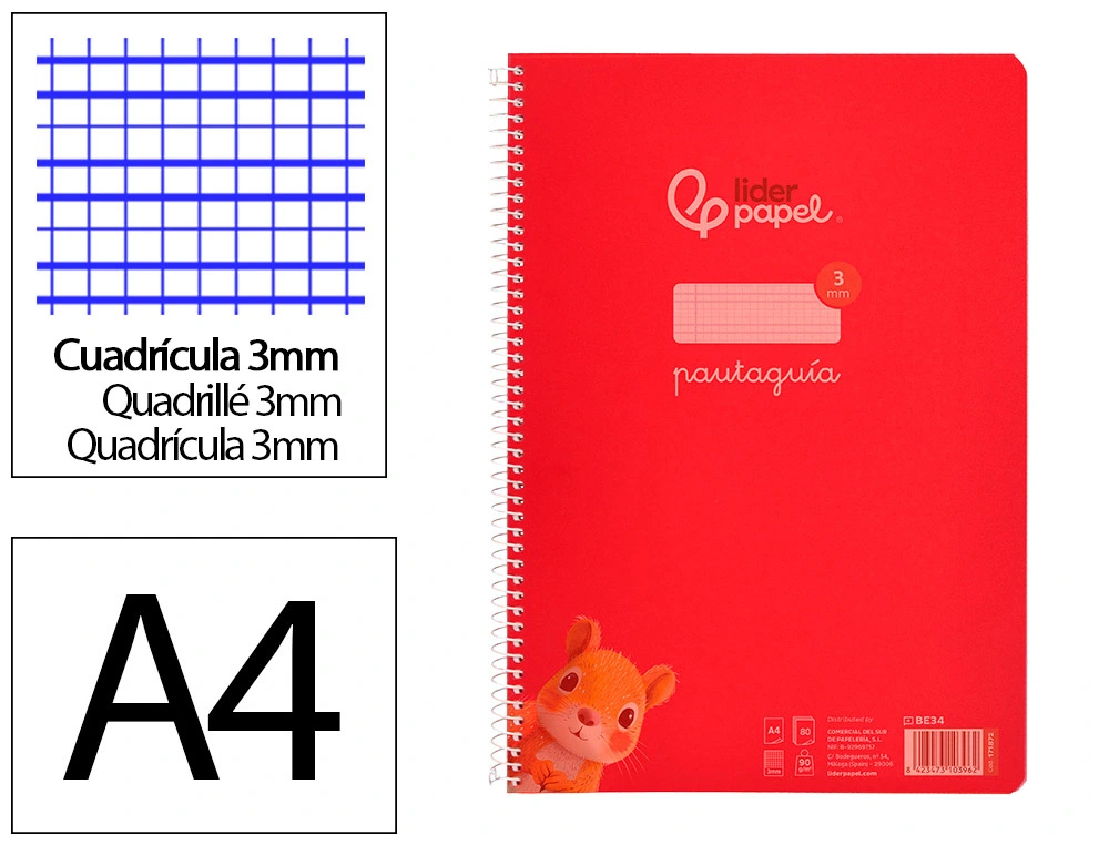 [171872] Cuaderno espiral liderpapel a4 pautaguia tapa plastico 80h 90gr cuadro pautado 3mm con margen color rojo