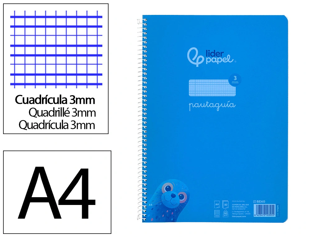 [171871] Cuaderno espiral liderpapel a4 pautaguia tapa plastico 80h 90gr cuadro pautado 3mm con margen color azul