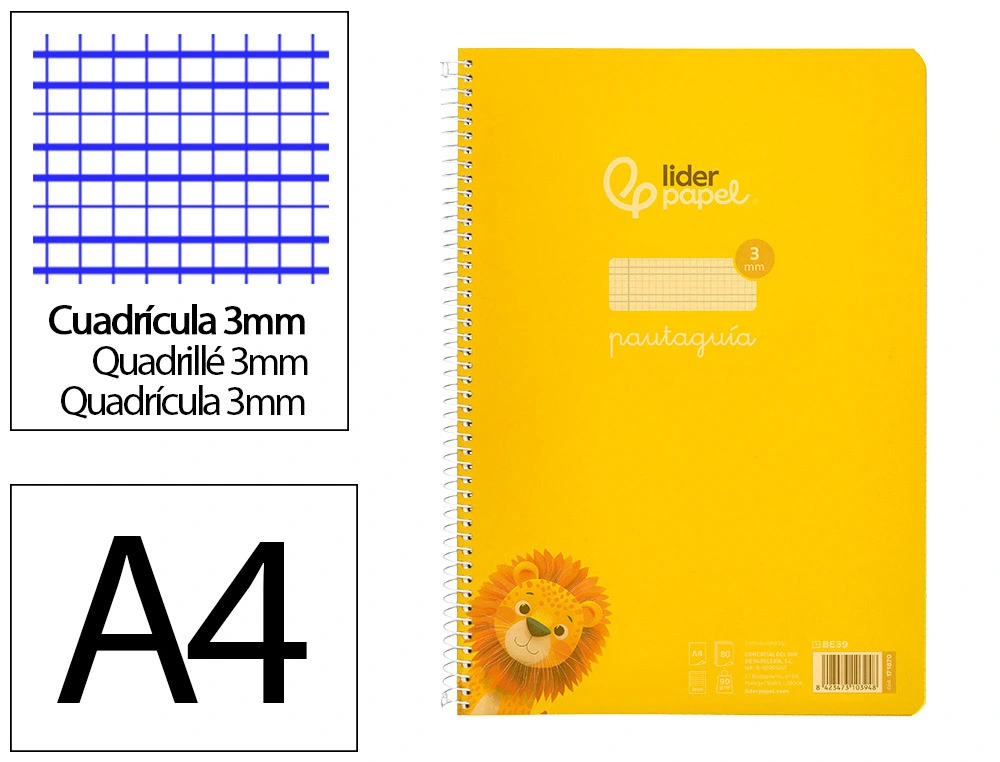 [171870] Cuaderno espiral liderpapel a4 pautaguia tapa plastico 80h 90gr cuadro pautado 3mm con margen color amarillo