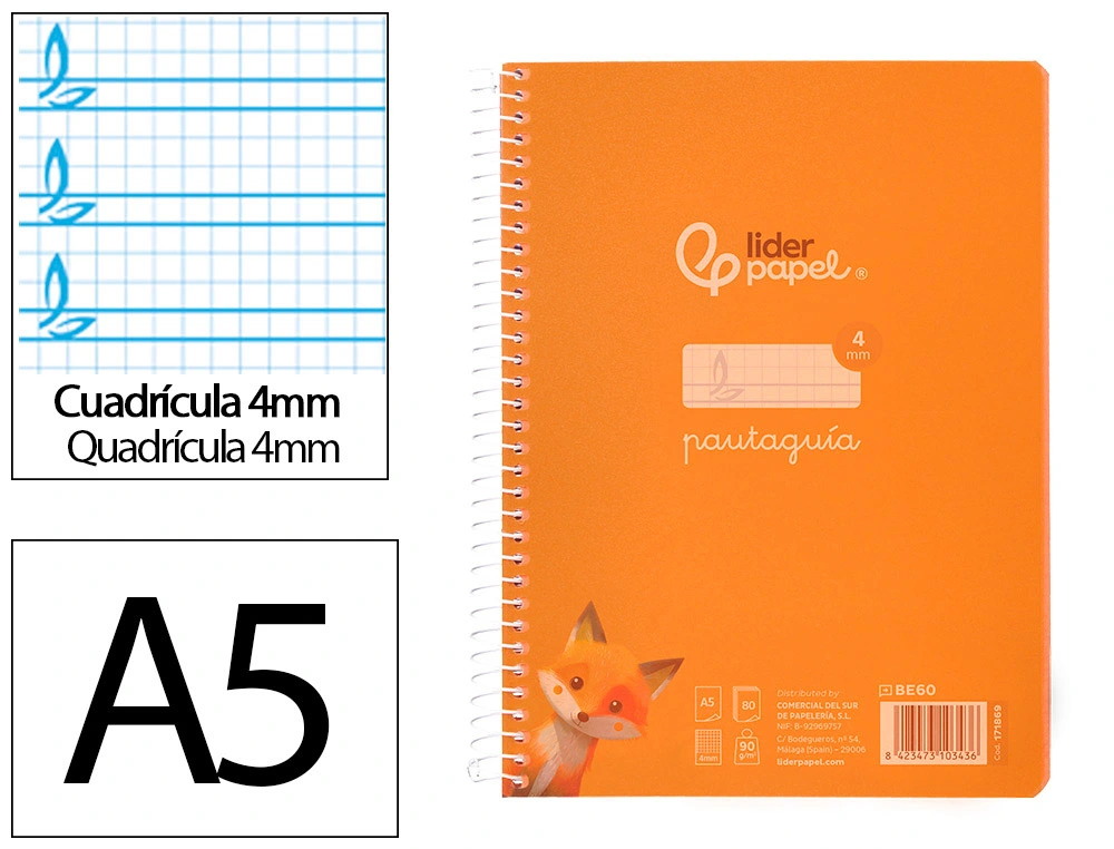 [171869] Cuaderno espiral liderpapel a5 pautaguia tapa plastico 80h 90gr cuadro pautado 4mm color naranja