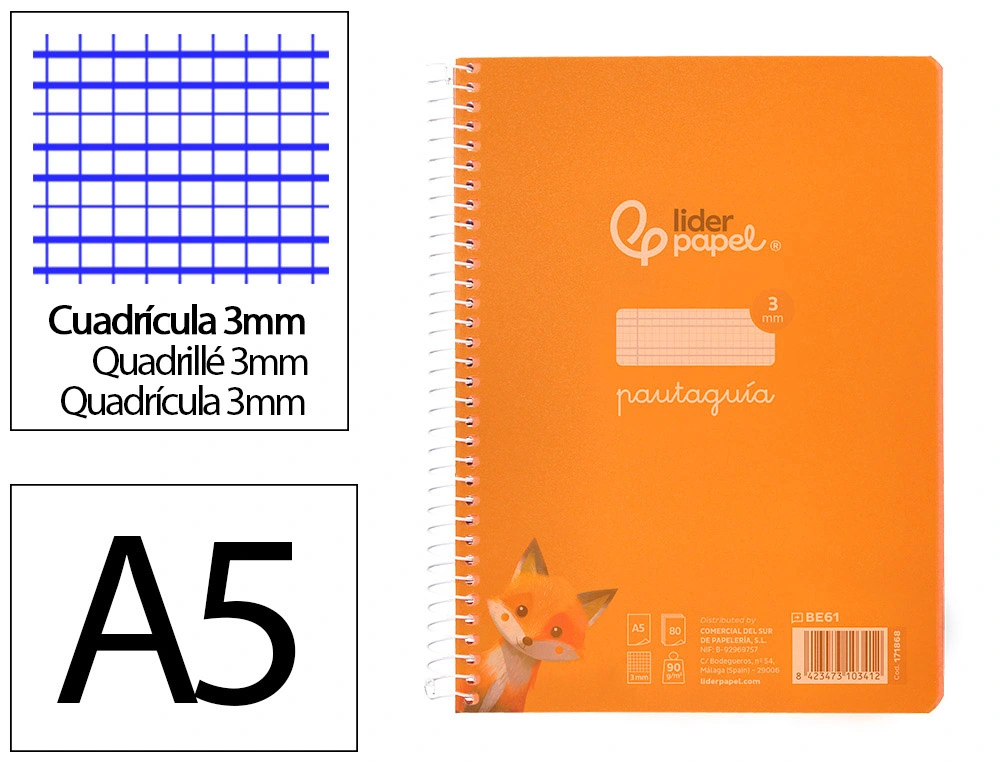 [171868] Cuaderno espiral liderpapel a5 pautaguia tapa plastico 80h 90gr cuadro pautado 3mm color naranja