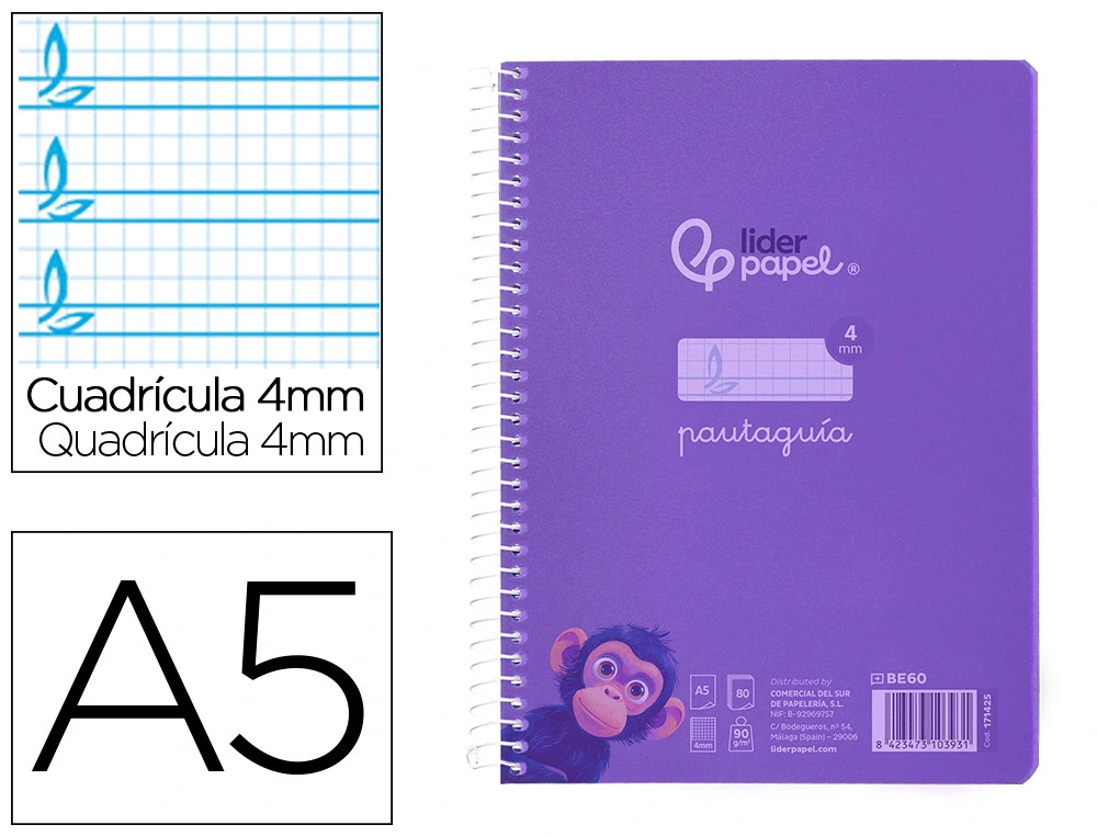 [171425] Cuaderno espiral liderpapel a5 pautaguia tapa plastico 80h 90gr cuadro pautado 4 mm con margen color lila