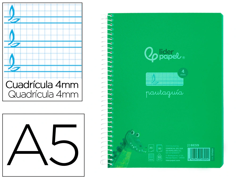 [171424] Cuaderno espiral liderpapel a5 pautaguia tapa plastico 80h 90gr cuadro pautado 4mm con margen color verde