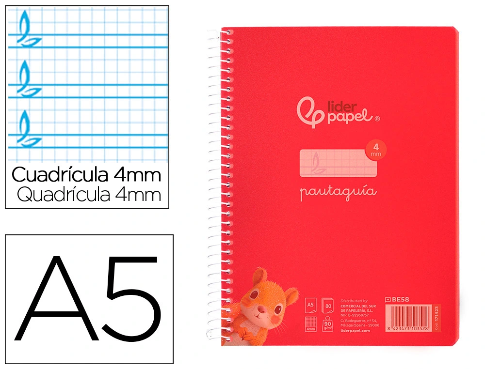 [171423] Cuaderno espiral liderpapel a5 pautaguia tapa plastico 80h 90gr cuadro pautado 4mm con margen color rojo