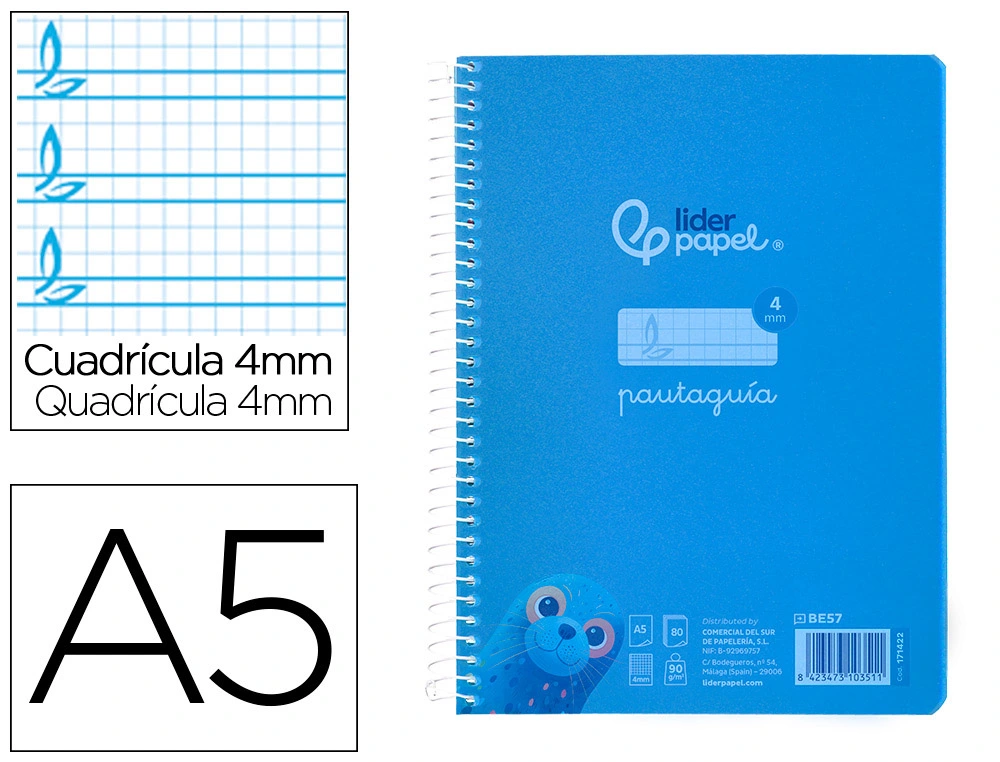 [171422] Cuaderno espiral liderpapel a5 pautaguia tapa plastico 80h 90gr cuadro pautado 4mm con margen color azul