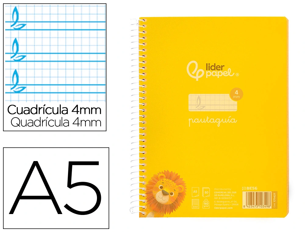 [171421] Cuaderno espiral liderpapel a5 pautaguia tapa plastico 80h 90gr cuadro pautado 4mm con margen color amarillo