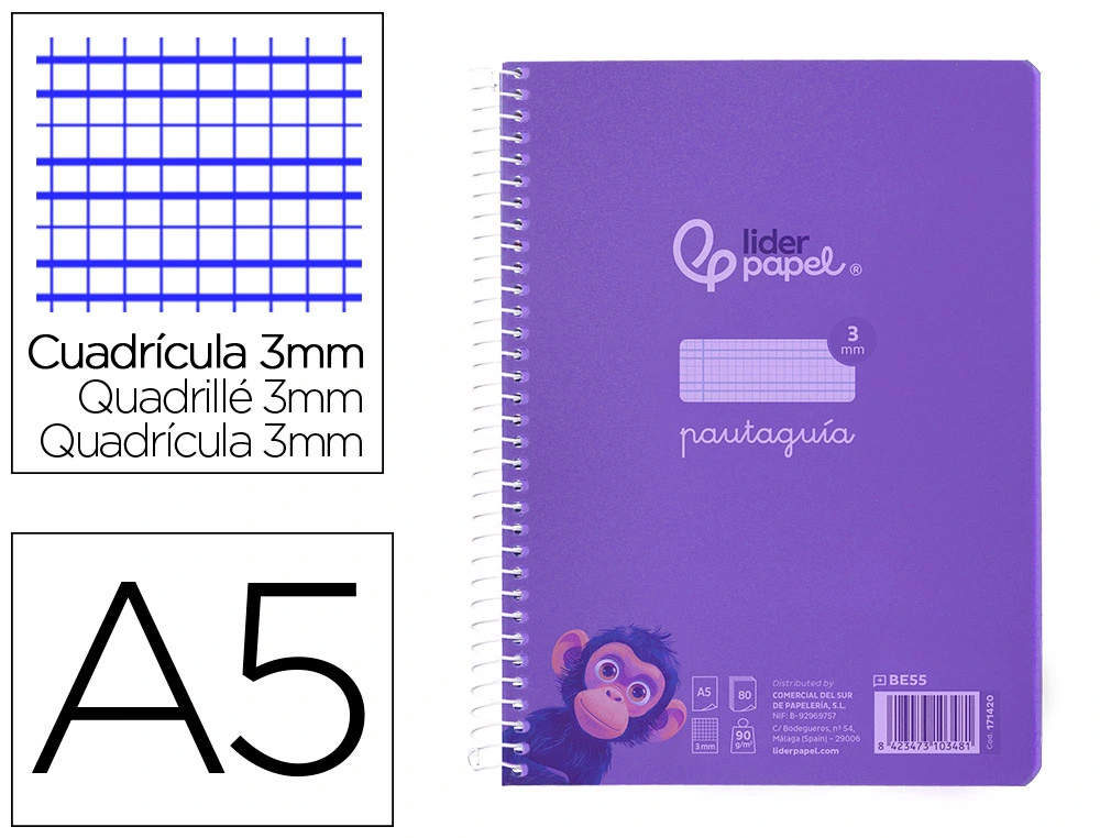 [171420] Cuaderno espiral liderpapel a5 pautaguia tapa plastico 80h 90gr cuadro pautado 3 mm con margen color lila