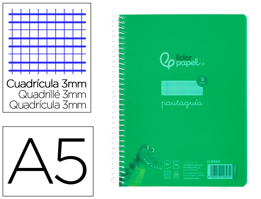 [171419] Cuaderno espiral liderpapel a5 pautaguia tapa plastico 80h 90gr cuadro pautado 3 mm con margen color verde