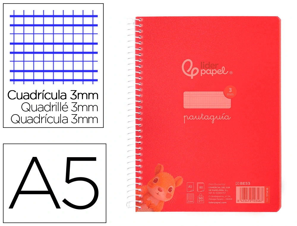 [171418] Cuaderno espiral liderpapel a5 pautaguia tapa plastico 80h 90gr cuadro pautado 3 mm con margen color rojo