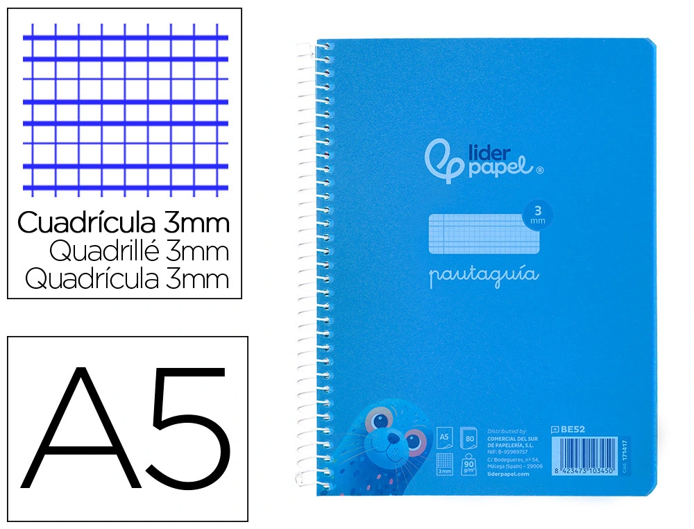 [171417] Cuaderno espiral liderpapel a5 pautaguia tapa plastico 80h 90gr cuadro pautado 3 mm con margen color azul