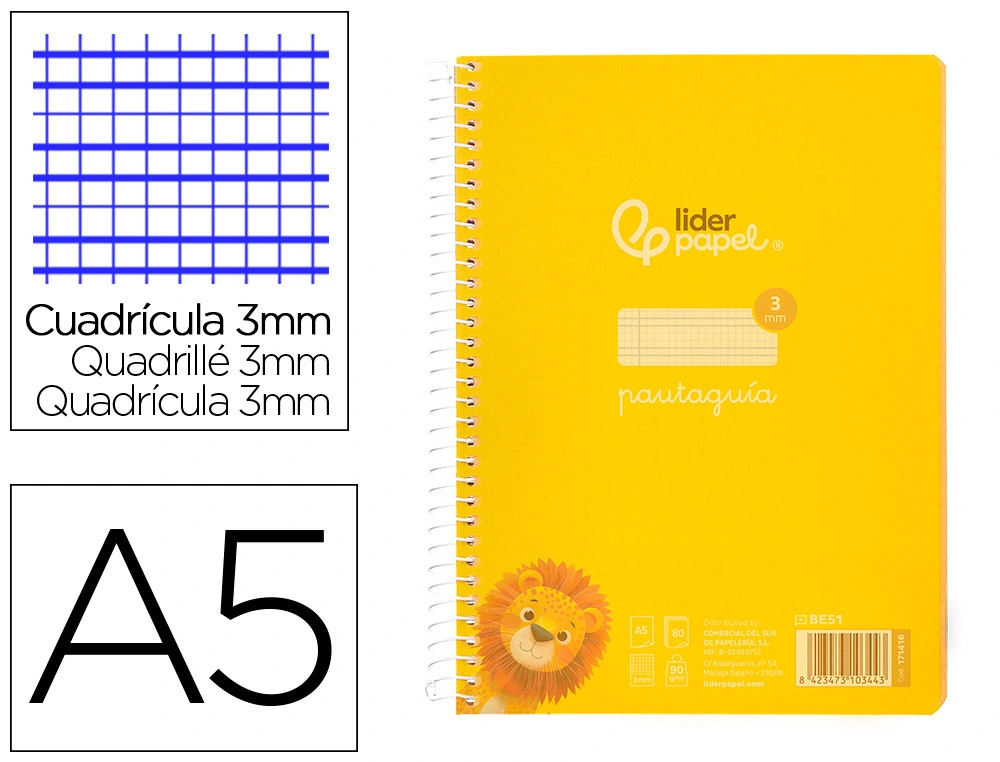[171416] Cuaderno espiral liderpapel a5 pautaguia tapa plastico 80h 90gr cuadro pautado 3 mm con margen color amarillo