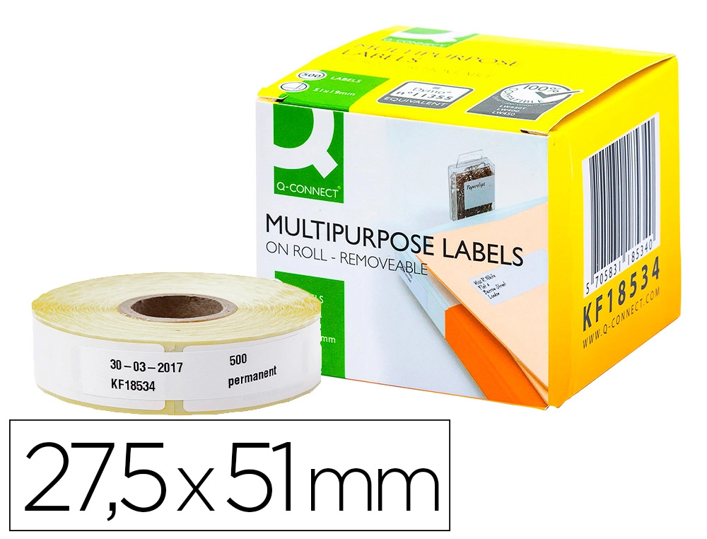 [63378] Etiqueta adhesiva removible q-connect kf18534 compatible dymo 11355 tamaño 27,5x51 mm caja con 500 etiquetas