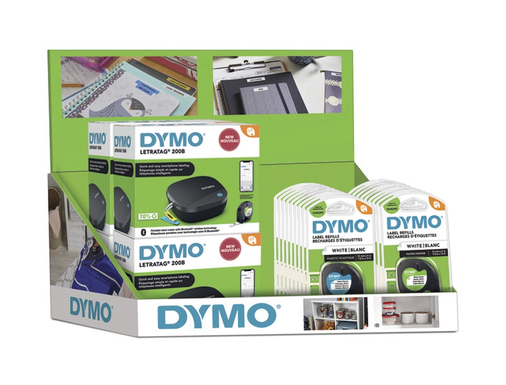 [167529] Expositor de sobremesa rotuladora dymo letratag b-200 con 6 unidades + 20 cintas