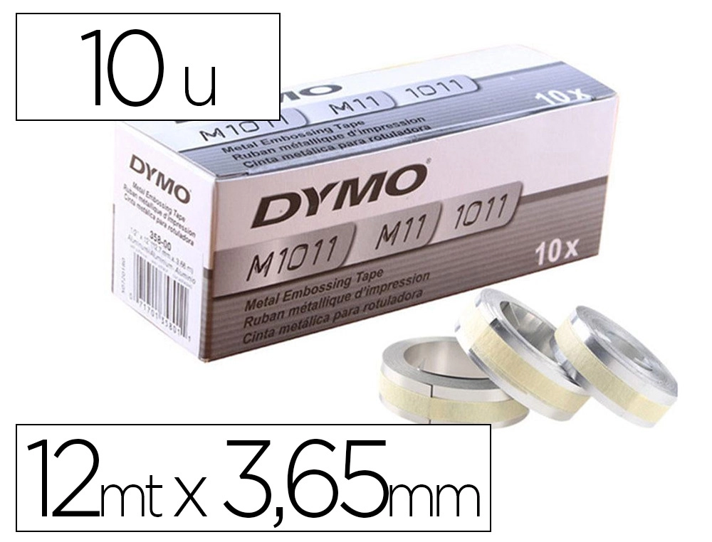 [163344] Cinta dymo aluminio con adhesivo 12mm x 3,65mt para rotuladora industrial m1011 caja de 100 unidades