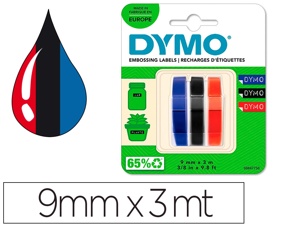 [163343] Cinta dymo 3d 9mm x 3mt para rotuladora omega/junior color azul/negro/rojo blister 3 unidades