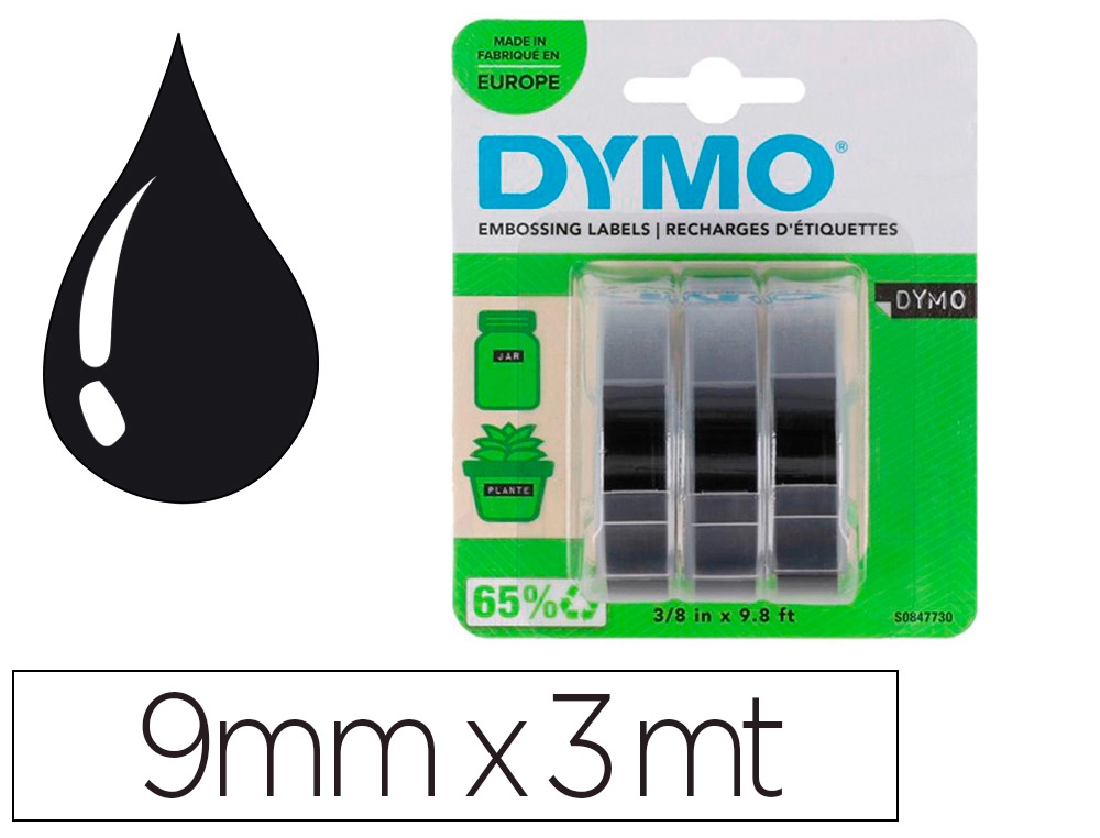[163342] Cinta dymo 3d 9mm x 3mt para rotuladora omega/junior color negro blister 3 unidades
