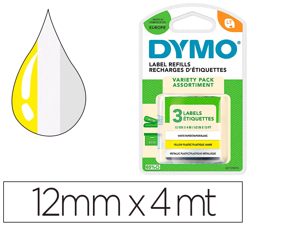 [163338] Cinta dymo metalizada letratag 12mm x 4mt papel blanco / plastico amarillo / metalica plata pack de 3