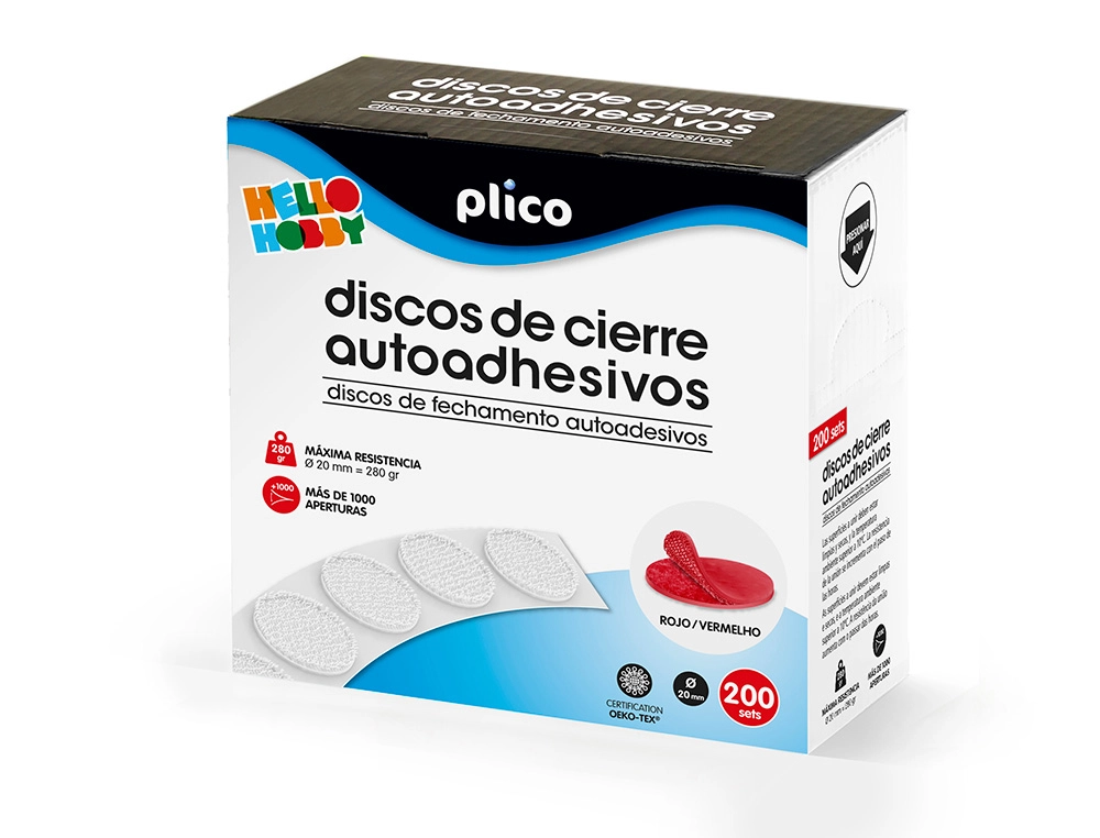 [165315] Disco de cierre plico velcro autoadhesivo 20 mm diametro color rojo caja de 200 unidades